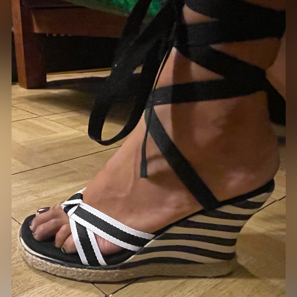Bamboo Black/White Striped Sexy Ankle Lace Up Espadrille-like Wedge, Size 7.5